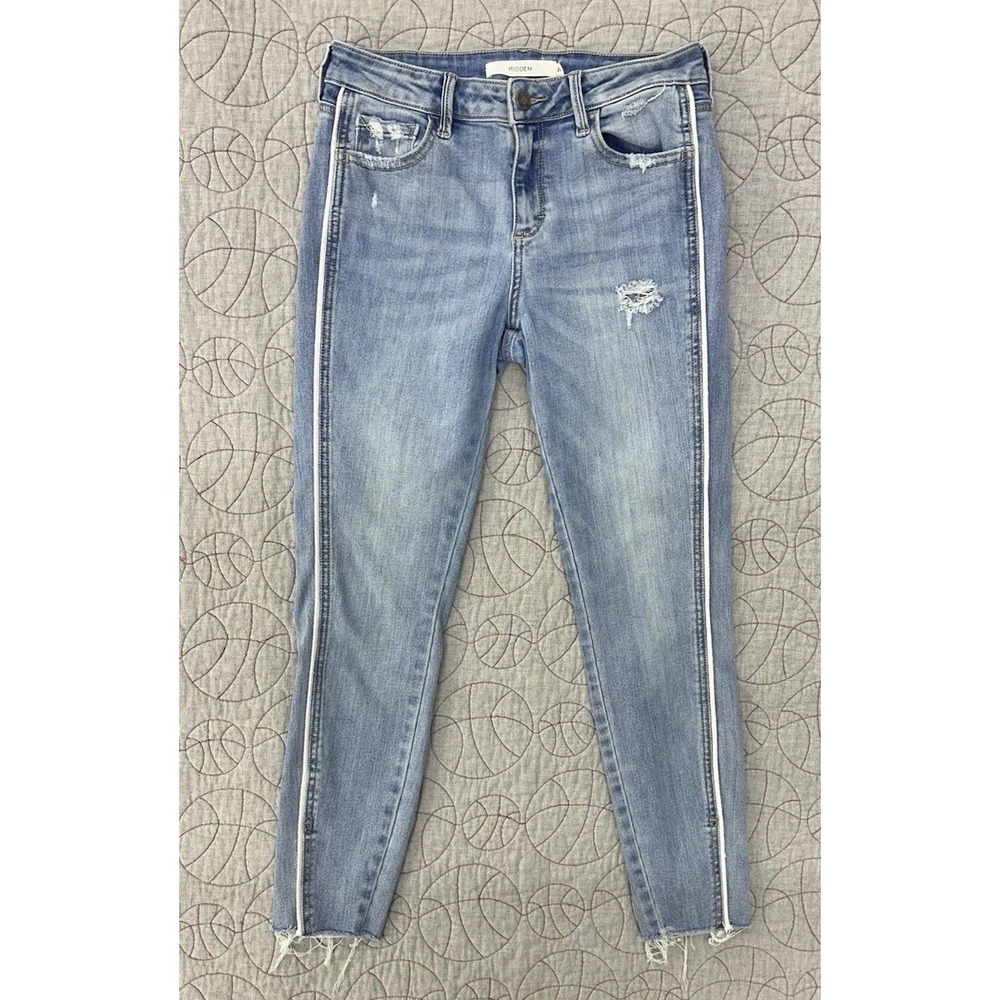 HIDDEN JEANS Skinny Blue Distressed Raw Hem‎ Side Stripe / Womens 27